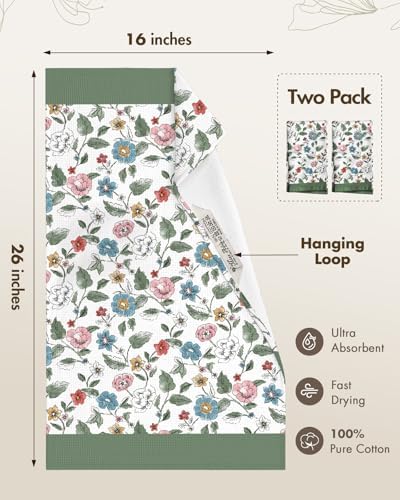 Miss Adola 2pcs Cotton Waffle Kitchen Towels, Vibrant Botanical