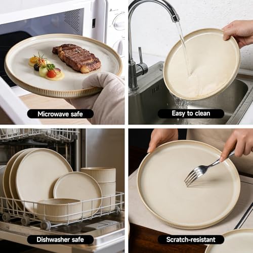 Stoneware Dinnerware Sets for 4, 12Pcs Ribbed Plates and Bowls Set