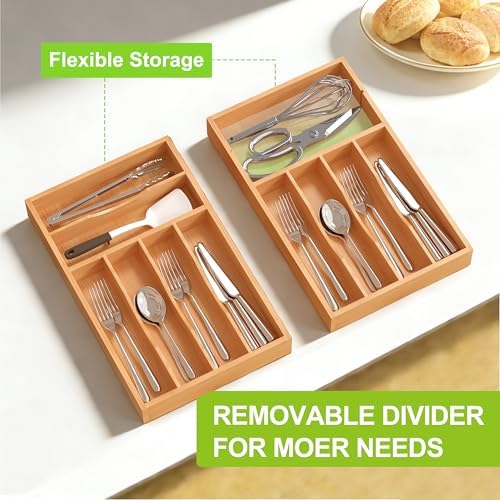 Unibambou Bamboo Kitchen Silverware Organizer, Removable Divider