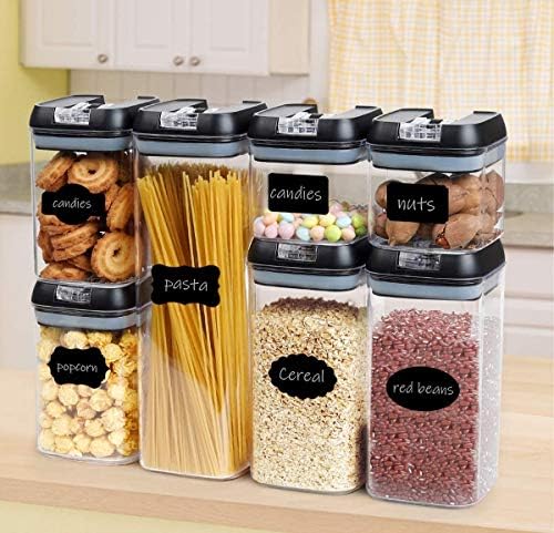 Set of 7 Airtight Food Storage Containers - Pantry Organizer Bins, BPA Free Plastic Containers plus Dry Erase Marker and Labels, Black