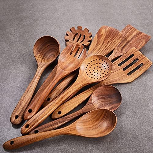 Wooden Kitchen Utensils Set,GUDAMAYE 9 PCE Natural Teak Wooden Spoons