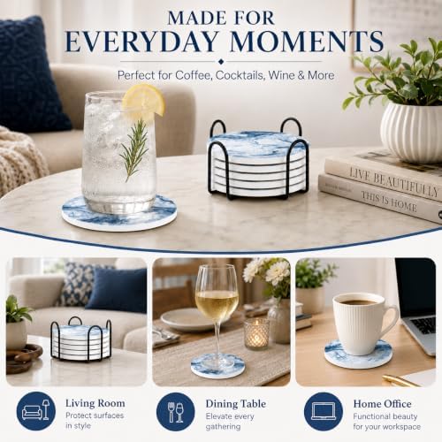 Blue Coasters for Drinks Marble Style,Absorbent Ceramic Coaster with