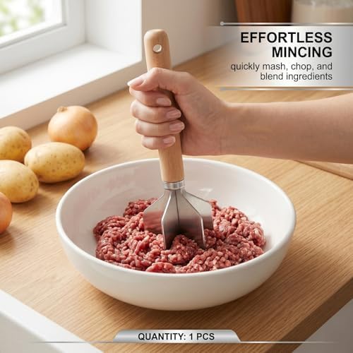 1-PCS Ground Beef Masher,Meat Masher,With Wooden Handle,11 Inches