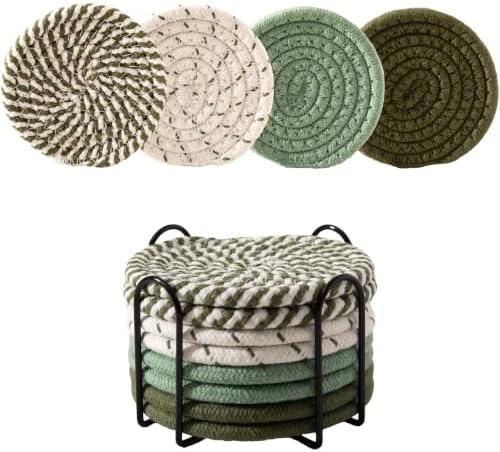 Drink Coasters Set of 8 with Holder, Cotton Woven,Olive Green