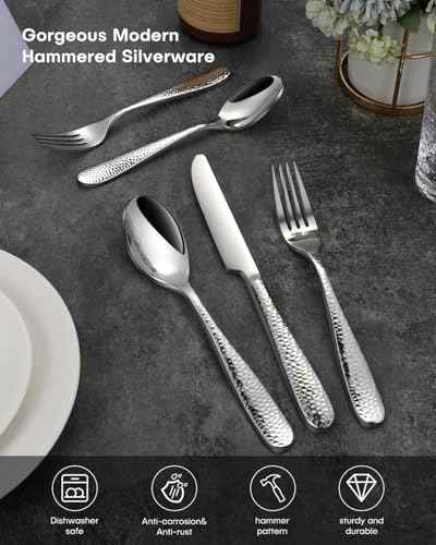 Hammered Silverware Set, Ollex 60-Piece Silver Flatware Set for 12