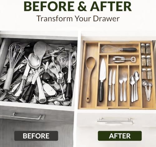Expandable Bamboo Silverware Drawer Organizer, Utensil Holder, Natural
