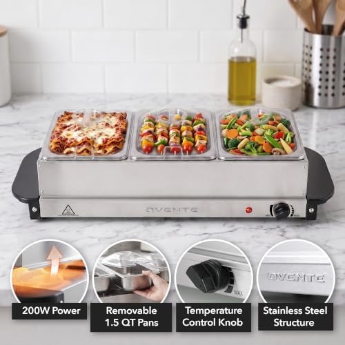OVENTE Electric Buffet Server and Food Warmer, Three 1.5 Qt, Silver