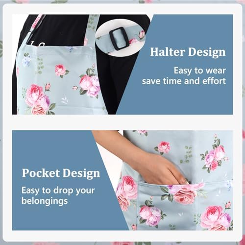 2 Pack Floral Apron, Adjustable Waterproof Aprons with 2 Pockets Cute