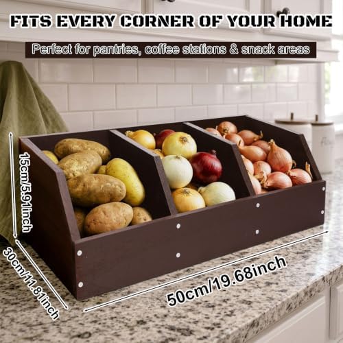 Potato Onion Storage Bin, Wooden Pantry Organizer with 3 Compartments