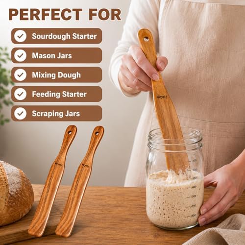 2 Pack Wooden Spurtle for Sourdough Starter, Teak Wood