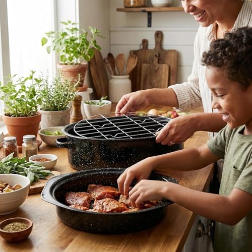 Enamel Roasting Pan With Lid and Rack 13" 18"Granite Roaster Pans Set With Rack Suitable Cooking Poultry Baking Turkey Bread Beef High Temperature Resistance,Dishwasher Safe,Holiday Gifts CookWare