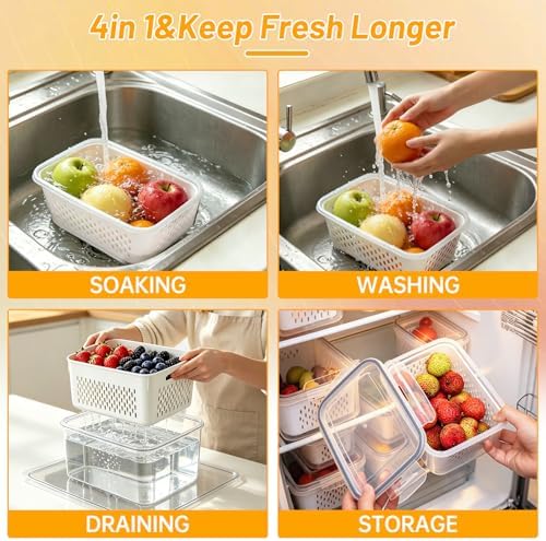 3 Pack Fruit Storage Containers for Fridge with Removable Colander
