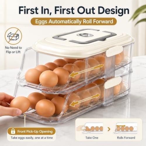 Egg Holder for Fridge, 2-Tier Automatic Rolling Container