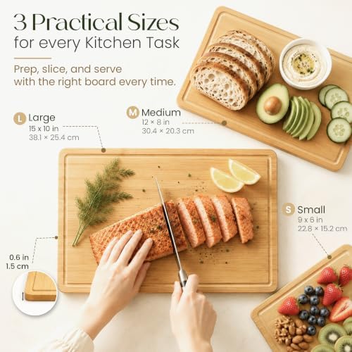 3-Piece Bamboo Cutting Boards - Large Wood Cutting Boards for Kitchen