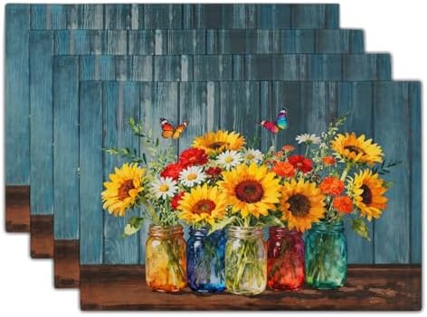 Spring Summer Sunflower Placemats Set of 4, 12x18 Inch Rustic Vintage