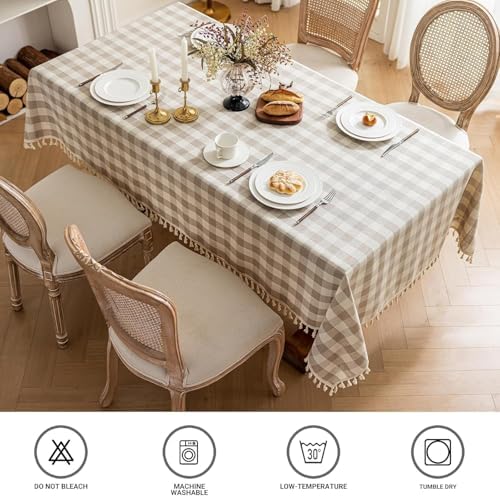 Checkered Tablecloth Round Cotton Linen Gingham Table Cloth with