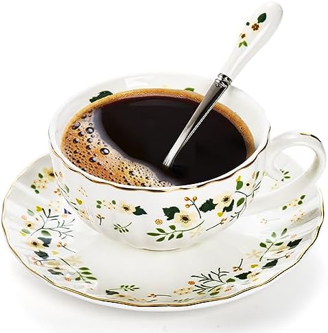 Lyellfe Set of 2 Tea Cup and Saucer, 6 Oz Floral Cup with Spoon Gold