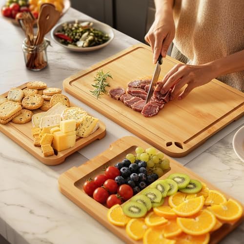 Bamboo Cutting Boards for Kitchen, Wooden Cutting Boards Set with