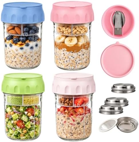 4 Pack Overnight Oats Containers with Lids, Spoons, Snack Cups & Steel
