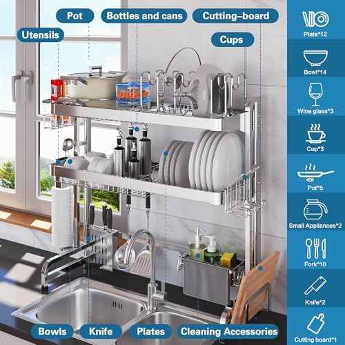 LIVOD Over The Sink Dish Drying Rack,3 Tier Adjustable Length Full Stainless Steel Large Storage Kitchen Dish Rack,for Kitchen Counter Expandable Multifunctional Organizers,Silver (25.98-37.6")