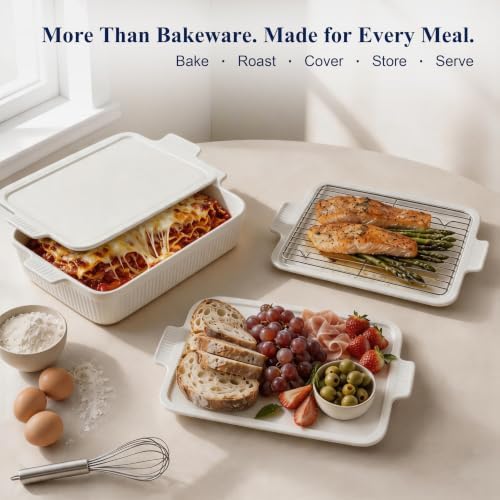 Frewinky 9x13 Ceramic Baking Dish with Lid and Roasting Rack, White
