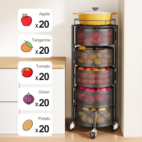 SNTD 5-Tier Fruit and Vegetable Basket Bowls for Kitchen, Rotating, Black
