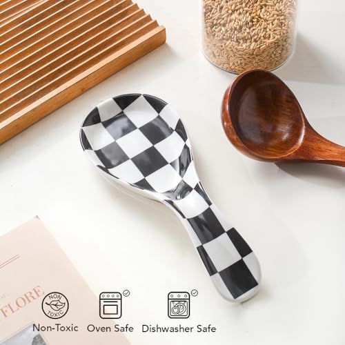 Ceramic Spoon Rest for Stove Top, Checkered Spoon Holder Utensil Rest