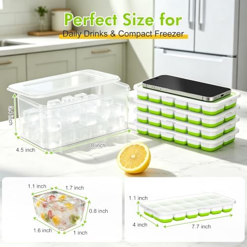 Ice Cube Tray with Lid and Bin - 4 Pack 48 Cubes Stackable Freezer