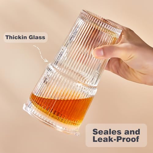 Wells 20oz Glass Cups with Lids and Straws, Ribbed Iced Coffee Cups