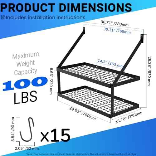 Miyili 30-Inch Kitchen Pot Rack with 15 Hooks, Wall Mounted Hanging Rack for Storage Organizer, 2-Tier Pots Hangers Shelf (Matte Black)