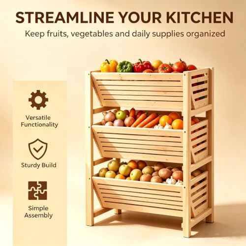 Stackable Potato Onion Storage Bins - Wooden Produce Basket - Fruit
