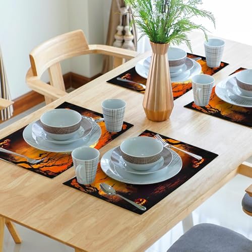 Halloween Witch Placemats Set of 6 18x12 Inch Bat Castle Pumpkin Linen