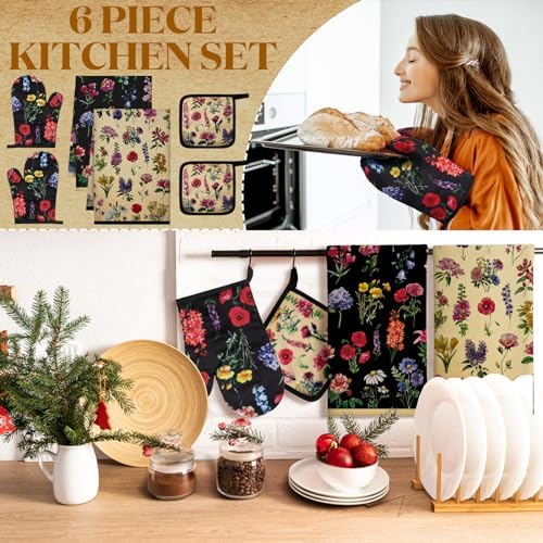 Bencailor 6 Pcs Vintage Flower Kitchen Towels Oven Mitts and Pot