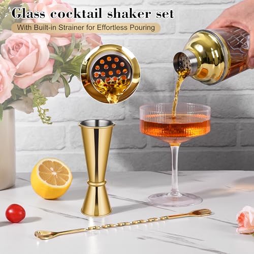 Glass Cocktail Shaker Set with Gold Lid for Home Bar & Cocktails