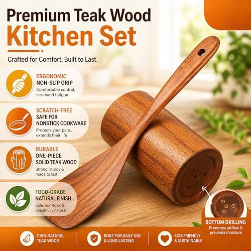 9-Piece Teak Wooden Utensil Set, Dark Brown