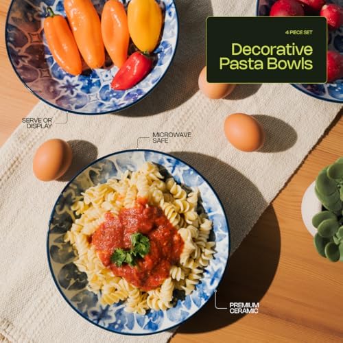 Pasta Bowls Set of 4 – Wide Ceramic Bowls for Pasta, Salads & Noodles