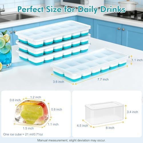 NFK Ice Cube Tray with Lid & Bin - 4 Pack 48 Cubes Stackable Silicone