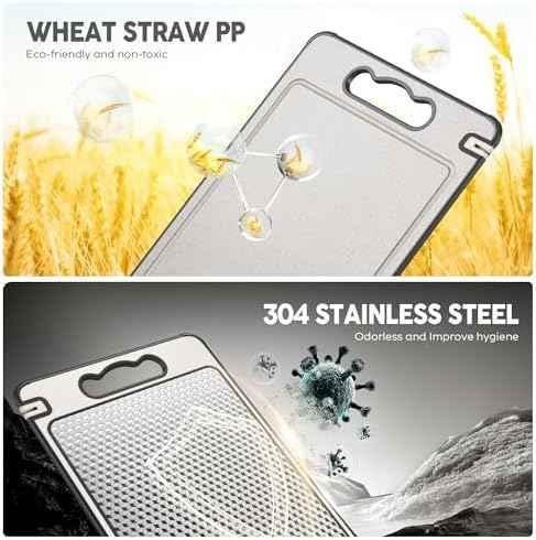 3Pcs Cutting Board Set for Kitchen, 16"*11"(1pack)&14.4"*9.8"(2pack), Double Sided 304 Stainless Steel & Wheat Straw, Scratch Resistant Mesh Design, Non Toxic Chopping Board for Meat, Dishwasher Safe