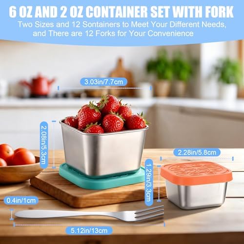 12 Pack 6oz Stainless Steel Snack Containers, 2oz Salad Dressing