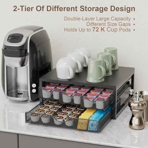 Coffee Pod Holder For Counter, 3 Pull-Out 72 K-Cup Holder Drawer, Wooden Cafe Pods Storage Organizer with Sliding Drawers for Coffee Station, Home, Kitchen, Office, Dorm (Black)