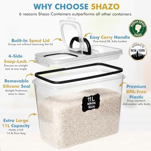 Shazo 2 PC (11L | 372 oz) Flour Sugar Storage Containers with Spout Lid & Easy Carry Handle - BPA Free Extra Large Airtight Food Storage Containers with Lids - Rice Canisters Sets for Kitchen & Pantry