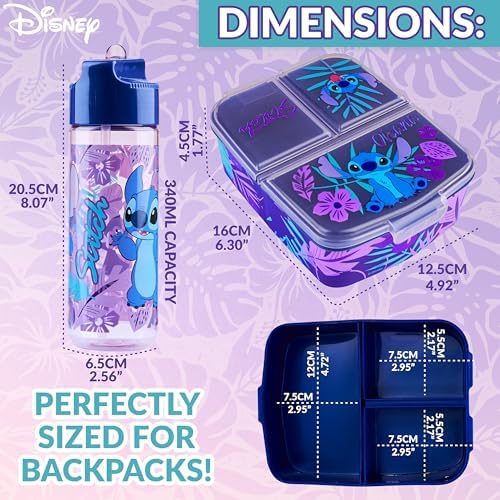 Disney Stitch Kids Lunch Box with Compartments and Water Bottle for