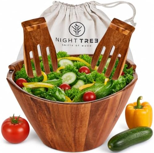 Night Tree Large wooden salad bowl with serving forks mixing, wood