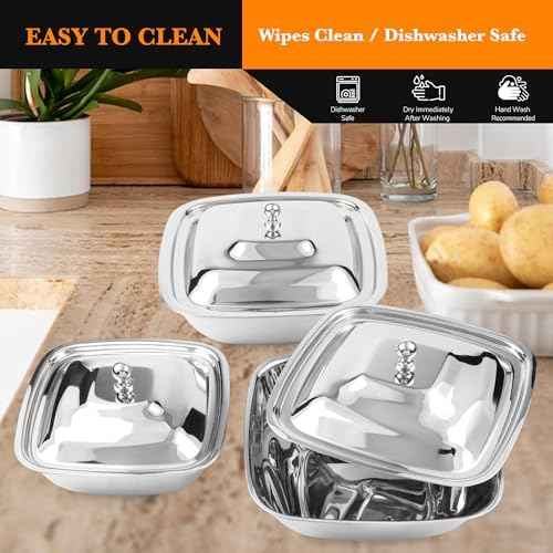 CRAFTONE Stainless Steel Square Mixing Bowls Set of 3 with Lid, Ideal for Baking & Serving Salad, Rice, Desert, Food Storage Bowl Set (20 Oz, 30 Oz and 35 Oz)