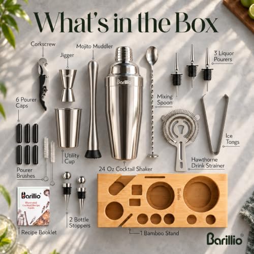 Barillio Bartender Kit - Stainless-Steel Cocktail Shaker Set w/Bamboo