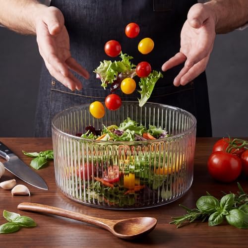 Large Glass Salad Bowl Set, Ribbed Salad Bowl with Wood Base and Lid