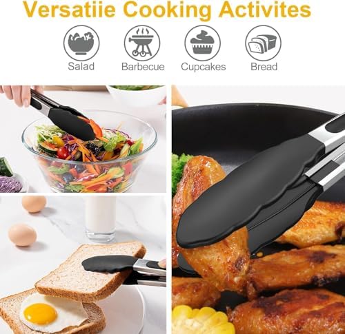 3-Piece Cooking Tongs, 7", 9" and 12", Black