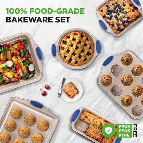 NutriChef 6-Piece Nonstick Bakeware Set - Premium Carbon Steel Baking Trays w/Heat-Safe Silicone Handles - Includes Loaf Pan, Muffin/Cupcake Pan, Round & Square Roaster Pans, Cookie Sheet - NCSBSG36