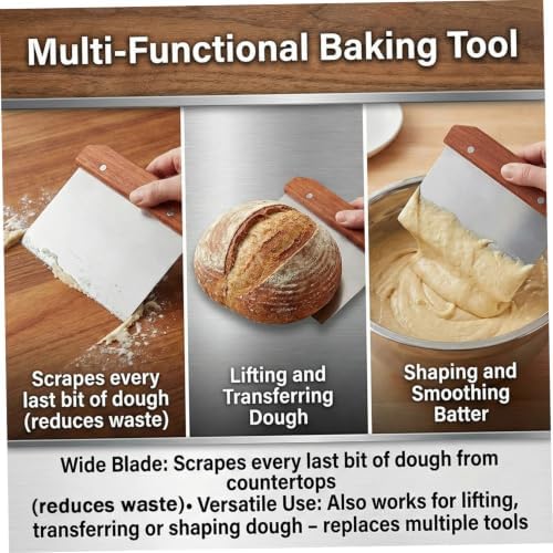 Bench Scraper, Stainless Steel Dough Scraper with Wooden Handle Cake