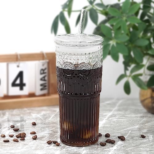 Bandesun All Glass Iced Coffee Cup With Lids and Straws,24 OZ High